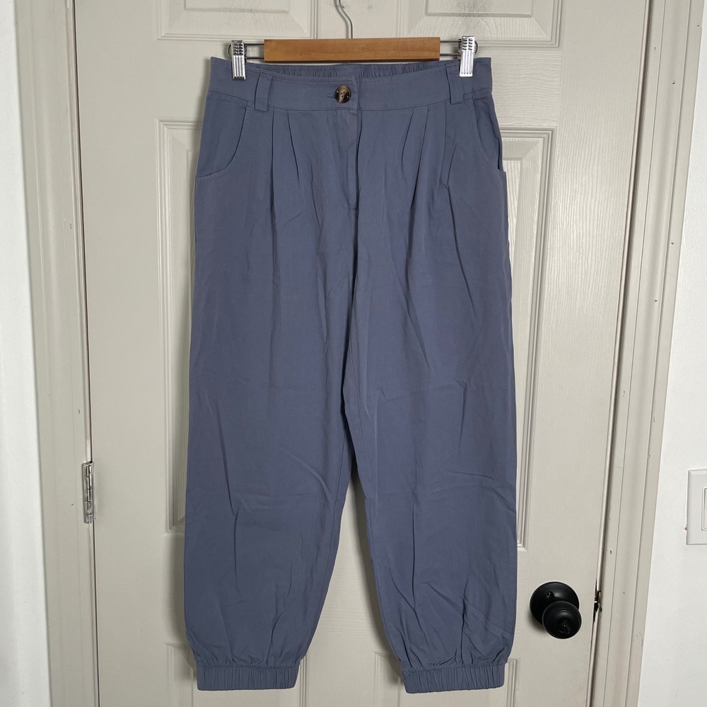 Halara Blue Cotton High Rise Pleated Tapered Jogger Pants Women Medium Causal